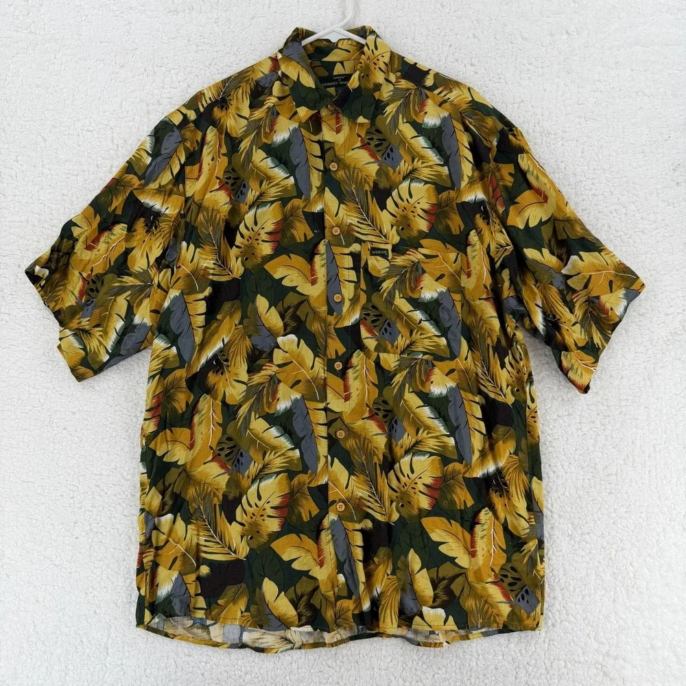 Vintage Guess Georges Marciano Shirt Mens Medium Yellow Hawaiian Aloha Rayon‎